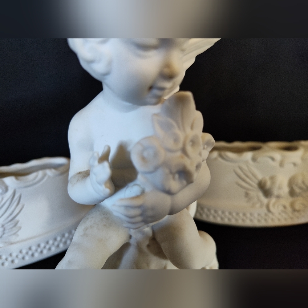 Rare German Bisque Cherub Putti Set w/ Flower Frogs 🖤Holiday Mantle Centerpiece - Picture 7 of 10